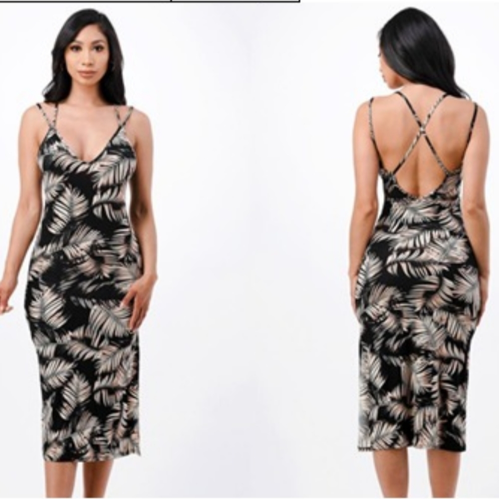 Double Strapped Criss Cross Cami Tropical Dress Black